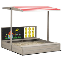Outsunny Kids Wooden Sandpit Sandbox with Canopy Seats for Gardens Grey