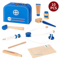 SOKA 10 pcs Wooden Doctor Set for Kids with Portable Medical Carry Case Blue
