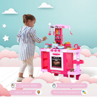 HOMCOM 38-Piece Childrens Kitchen Play Set Realistic Sounds Lights Food Pink
