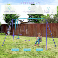 Outsunny Metal 2 Swings & Seesaw Set Height Adjustable Outdoor Play Set PURPLE