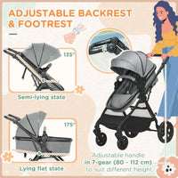HOMCOM Foldable Baby Pushchair with Fully Reclining Backrest From Birth to 3 Years Grey