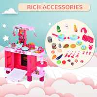 HOMCOM 38-Piece Childrens Kitchen Play Set Realistic Sounds Lights Food Pink