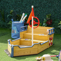 Outsunny Kids Wooden Sandbox Pirate Ship Sandboat with Bench Seat Storage Space