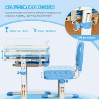 HOMCOM Kids Desk and Chair Set Adjustable Tiltable with Drawer Pen Slot Hook BLUE