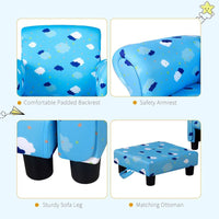Cute Cloud Star Child Armchair Seat Wood Frame with Footrest Padding Blue