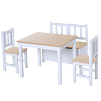 HOMCOM 4-Piece Set Kids Wood Table Chair Bench Storage Function for 3 Years+ Beige White