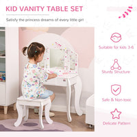 Kids Vanity Table & Stool Girls Dressing Set with Rotatable Mirror Drawer