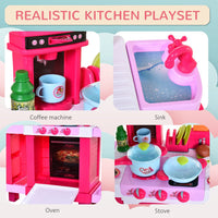 HOMCOM 38-Piece Childrens Kitchen Play Set Realistic Sounds Lights Food Pink