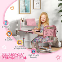 ZONEKIZ Height Adjustable Kids Desk and Chair Set with Drawer Bookshelf Pink