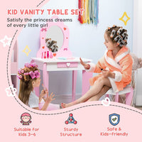ZONEKIZ Kids Vanity Set with Mirror Drawer Cute Patterns for Girls Pink
