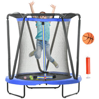 ZONEKIZ 4.6FT Kids Trampoline with Enclosure Basketball and Sea Balls Blue