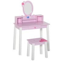HOMCOM Kids Dressing Table and Stool Set Make Up Desk with Storage Pink