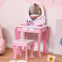 HOMCOM Kids Dressing Table Girls Vanity Set with Mirror and Stool Unicorn-Designed
