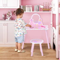 HOMCOM Girls Kids Pink Dressing Table Make Up Play Set Desk Chair Mirror