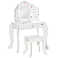 Kids Vanity Table & Stool Girls Dressing Set with Rotatable Mirror Drawer