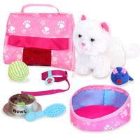 Plush Kitty Cat Carrier & 8 Interactive Accessories 18 inch Baby Dolls Soft Cuddly