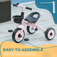 AIYAPLAY Kids Trike Tricycle with Adjustable Seat Basket Bell for Ages 2-5 Years Pink