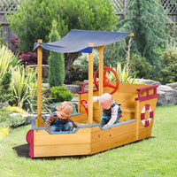 Outsunny Kids Wooden Sand Pit Sandbox Pirate Sandboat Outdoor with Canopy Shade