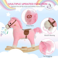 HOMCOM Kids Plush Rocking Horse with Moving Mouth Tail Sounds 18-36 Months Pink