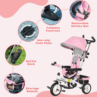 HOMCOM 6 in 1 Kids Trike Tricycle Stroller with Parent Handle Pink
