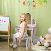 Kids Dressing Table and Stool with Mirror and Drawer for Ages 3-6 Years Pink