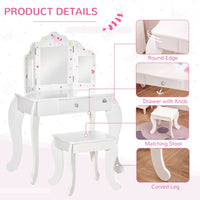 Kids Vanity Table & Stool Girls Dressing Set with Rotatable Mirror Drawer