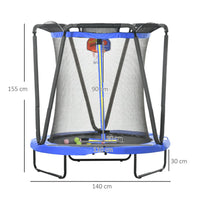 ZONEKIZ 4.6FT Kids Trampoline with Enclosure Basketball and Sea Balls Blue