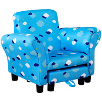 Cute Cloud Star Child Armchair Seat Wood Frame with Footrest Padding Blue