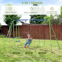 Outsunny Metal 2 Swings & Seesaw Set Height Adjustable Outdoor Play Set GREEN