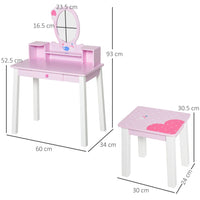 HOMCOM Kids Dressing Table and Stool Set Make Up Desk with Storage Pink
