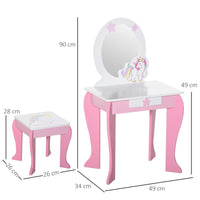 HOMCOM Kids Dressing Table Girls Vanity Set with Mirror and Stool Unicorn-Designed