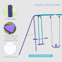 Outsunny Metal 2 Swings & Seesaw Set Height Adjustable Outdoor Play Set PURPLE