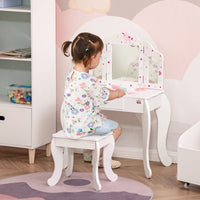 Kids Vanity Table & Stool Girls Dressing Set with Rotatable Mirror Drawer