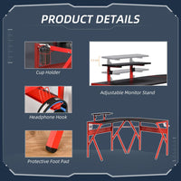 HOMCOM Gaming Desk L-Shaped PC Workstations Monitor Stand 49.25" x 49.25" x 29.5" Red