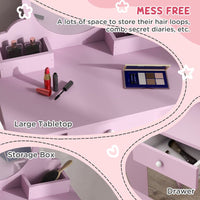 ZONEKIZ Kids Dressing Table Cat Design with Mirror Stool Drawer Storage Boxes