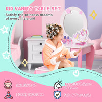 HOMCOM Kids Dressing Table Girls Vanity Set with Mirror and Stool Unicorn-Designed