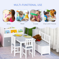 HOMCOM 4-Piece Set Kids Wood Table Chair Bench Storage Function for 3 Years+ Grey White