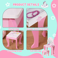 HOMCOM Kids Dressing Table Girls Vanity Set with Mirror and Stool Unicorn-Designed