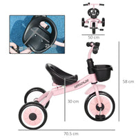 AIYAPLAY Kids Trike Tricycle with Adjustable Seat Basket Bell for Ages 2-5 Years Pink