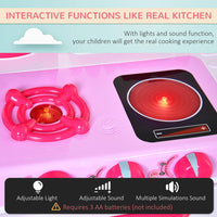HOMCOM 38-Piece Childrens Kitchen Play Set Realistic Sounds Lights Food Pink