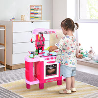 HOMCOM 38-Piece Childrens Kitchen Play Set Realistic Sounds Lights Food Pink