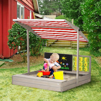 Outsunny Kids Wooden Sandpit Sandbox with Canopy Seats for Gardens Grey
