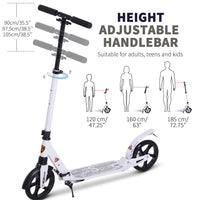 HOMCOM Kick Scooter Folding 2 Big Wheels Adjustable  Adult Teens For 14+ White