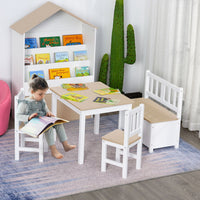 HOMCOM 4-Piece Set Kids Wood Table Chair Bench Storage Function for 3 Years+ Beige White