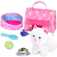 Plush Kitty Cat Carrier & 8 Interactive Accessories 18 inch Baby Dolls Soft Cuddly