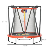 ZONEKIZ 4.6FT Kids Trampoline with Enclosure Basketball and Sea Balls Red