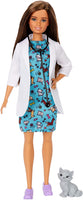 Barbie Pet Vet Brunette Doll with Career Pet-Print Dress, Medical Coat, Shoes and Kitty
