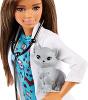 Barbie Pet Vet Brunette Doll with Career Pet-Print Dress, Medical Coat, Shoes and Kitty