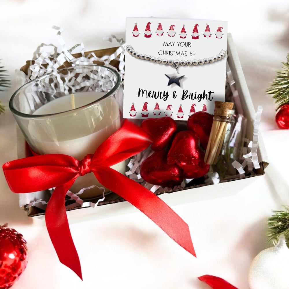 Small Merry & Bright Christmas Gift Hamper - Silver Star Bracelet, Chocolates & Candle