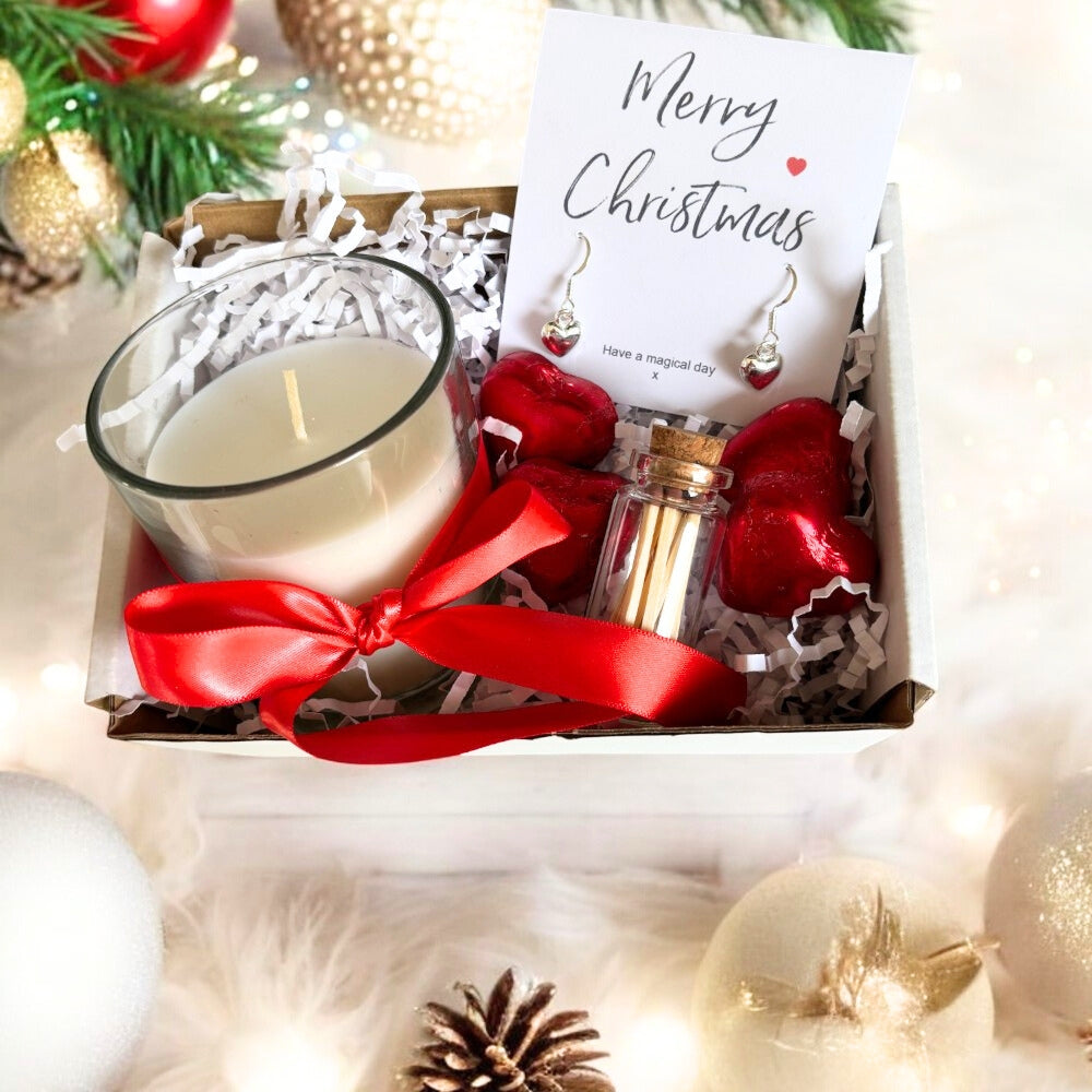 Small Merry Christmas Gift Hamper - Silver Heart Drop Earrings, Chocolates & Candle